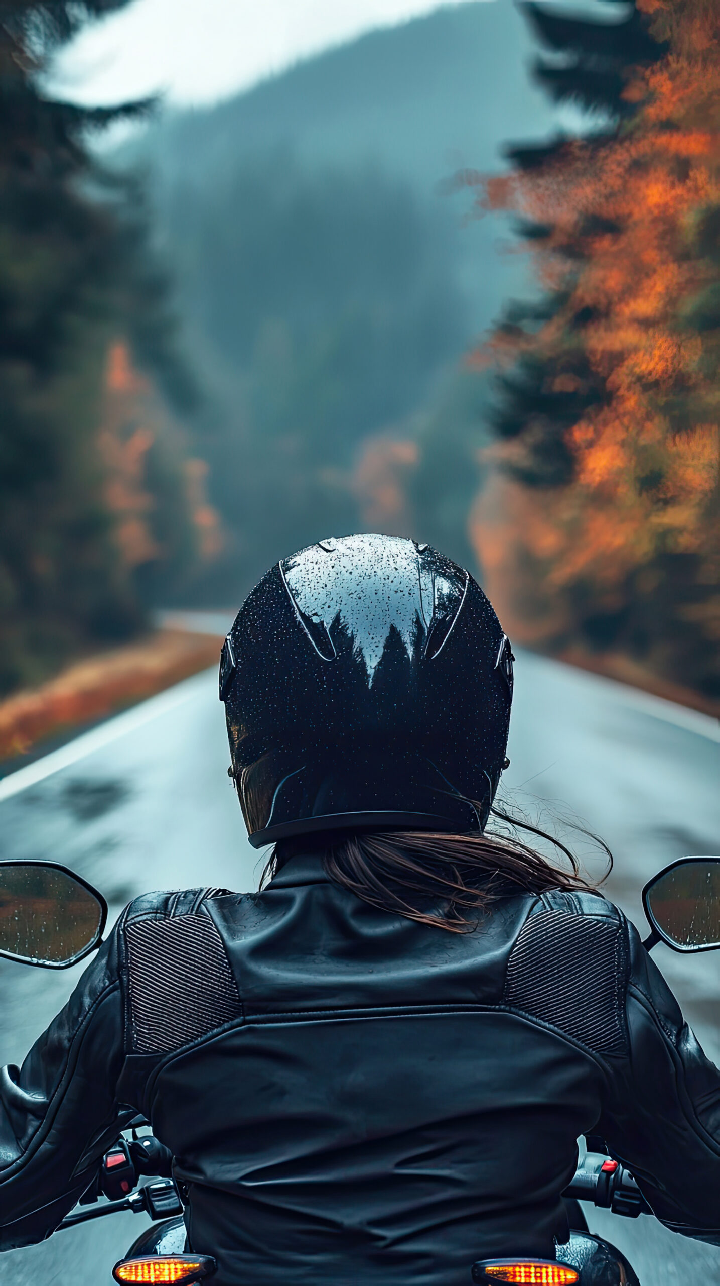 A person wearing safety helmet while riding motorcycle on rainy road surrounded by autumn trees. scene evokes sense of adventure and freedom Extreme Sports Mountain Climbing